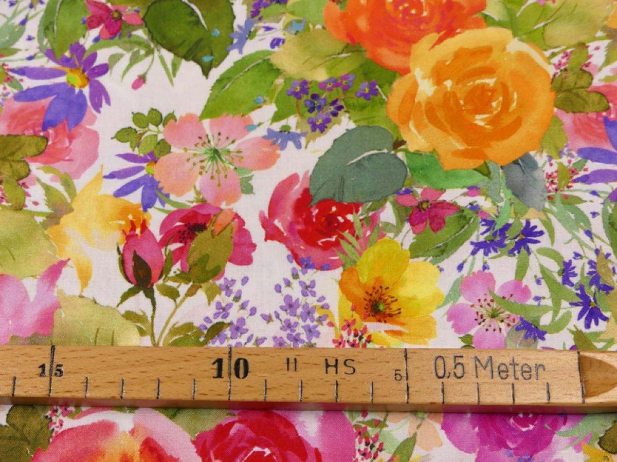 Patchworkstoff Clothworks Flowershop Blumen bunt mit Maß Detailansicht